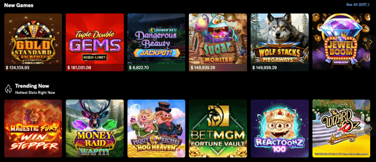 BetMGM gaming lobby with new and trending games.